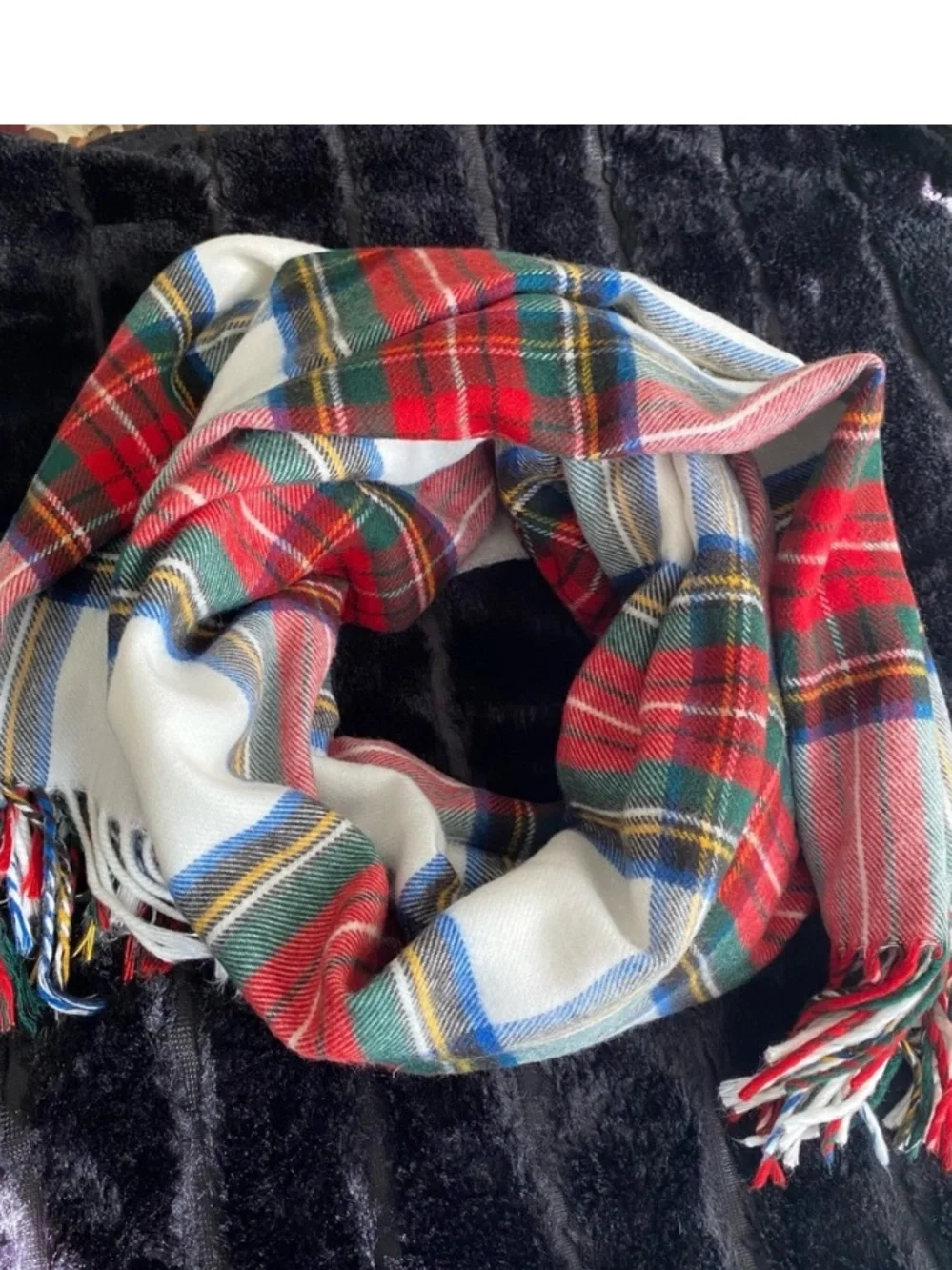 Jeffrey banks White Plaid Fringe Scarf with Red & Blue Accents